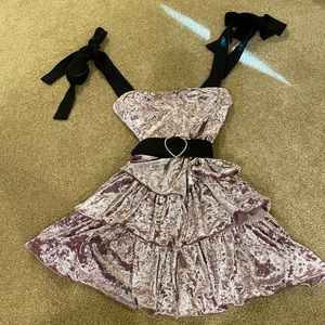 Cider Velvet Bowknot Mini Dress With Belt